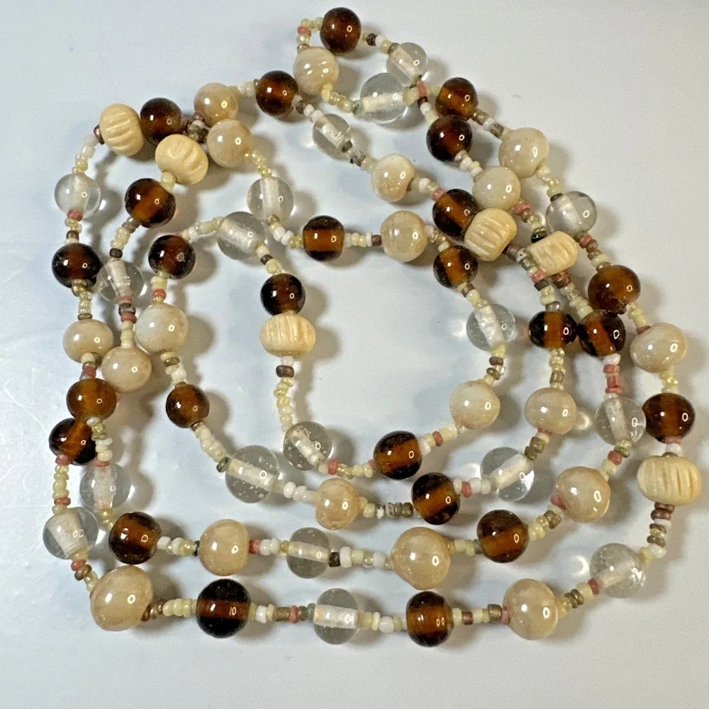 Vintage Boho Statement Necklace 42 Inch Over Head Carved Wood Bead Artisan